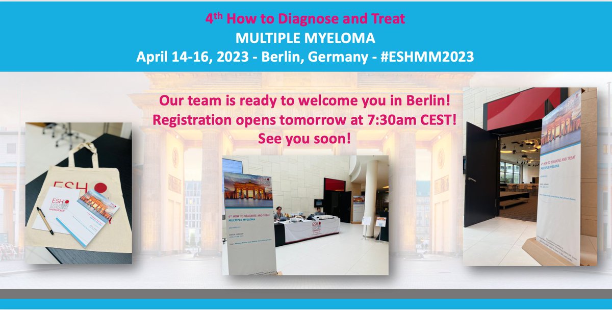 The ESH team is ready to welcome you for #ESHMM2023
See you tomorrow at 7:30 in Berlin 🇩🇪!
4th How to Diagnose and Treat
MULTIPLE #MYELOMA
April 14-16, 2023
Chairs: <a href="/H_Einsele/">Prof. Dr. Hermann Einsele</a>, <a href="/IreneGhobrial/">.</a>, <a href="/mvmateos/">marivi mateos</a>
More information ➡ bit.ly/3o3hInJ
#ESHCONFERENCES #MMsm <a href="/dgho_eV/">DGHO e. V.</a>