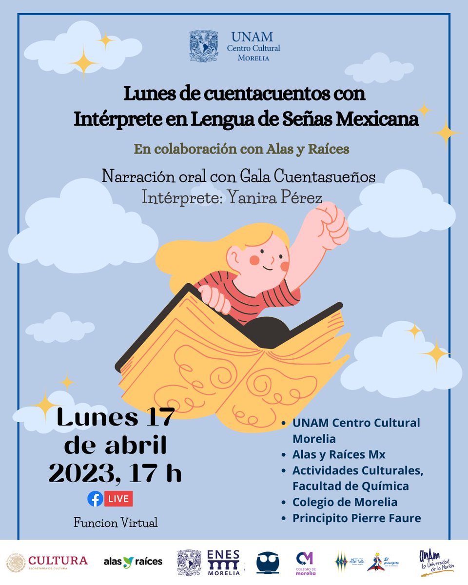 UNAMCultMorelia's tweet photo. 📷 Nos vemos el lunes 17 de abril en el Facebook Live a partir de las 17 h
📷📷 "Te juego un cuento" una narración oral con #GalaCuentasueños
Intérprete en Lengua de Señas Mexicana: Yanira Pérez
¡Conéctate!
#CuentaCuentos #UNAM #Morelia #FBLIVE https://t.co/zu9nLHLGGl