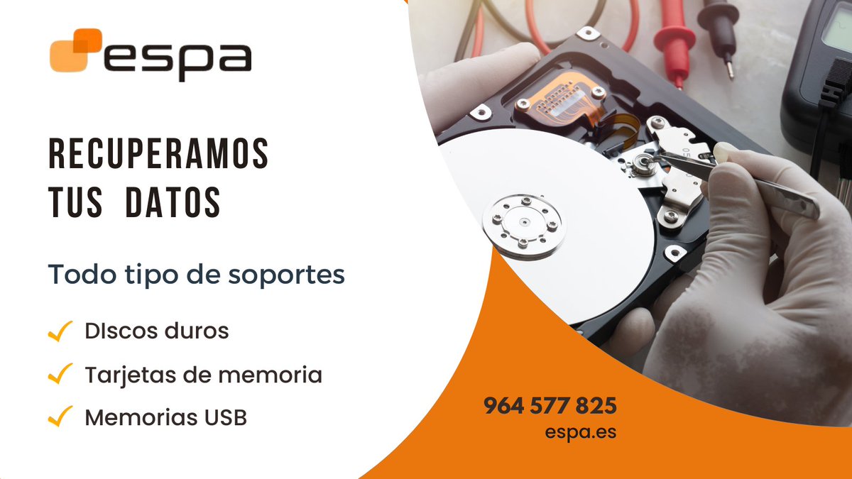 Espainformatica's tweet photo. ¿Has perdido datos en tu disco duro?
 ¡En ESPA podemos ayudarte! 
Te recuperamos datos discos duros, SSD, pendrives, tarjetas de memoria y más.  
https://t.co/8brhbBQFLJ  
#RecuperaciónDeDatos #SoporteDeAlmacenamiento #DiscoDuro #SSD #Pendrive #TarjetaDeMemoria #SeguridadDeDatos. https://t.co/7bUZUozhGm