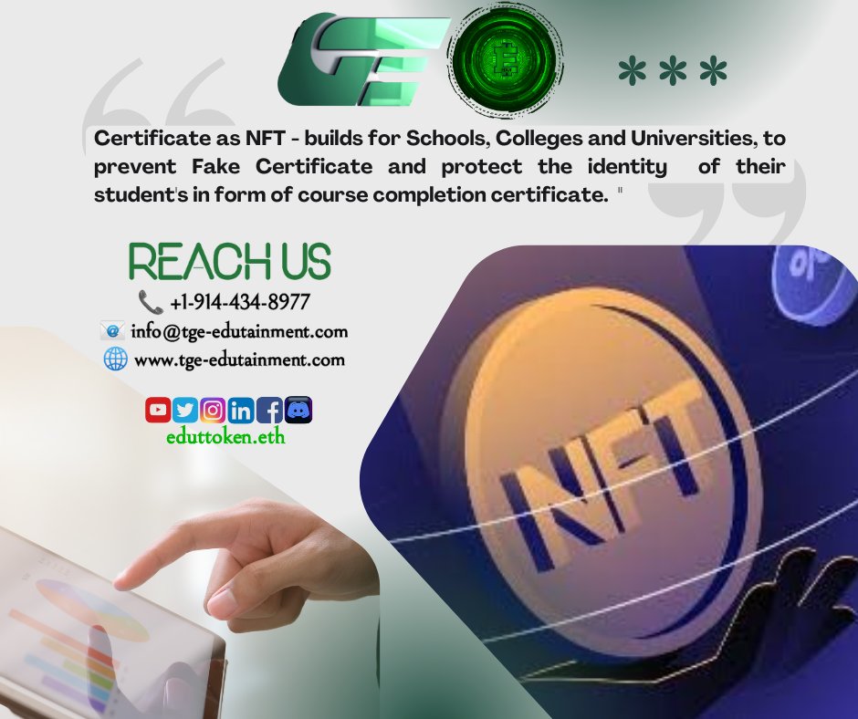 eduttoken's tweet photo. " CERTIFICATE AS NFT : NON-FUNGIBLE TOKEN - A Digital Certificate Provide To Student's On Course Completion. "

Reach Us On
📞 +1-914-434-8977
📧 info@tge-edutainment.com
🌐 https://t.co/hOR7GdPSMJ

Discord :- https://t.co/naHMh9vQNI
.
.
#nftcertificates #studentcertification https://t.co/FzKOZAa23t