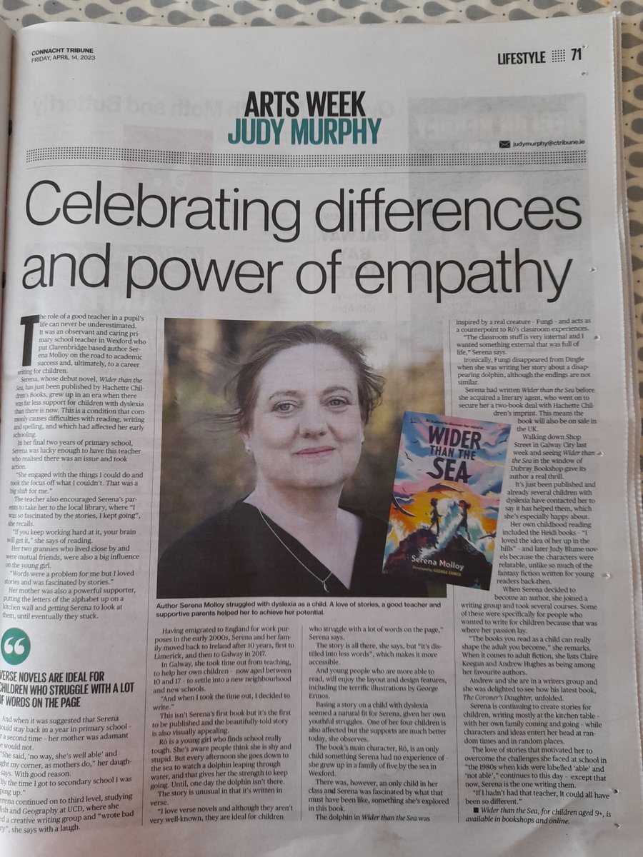 A massive thank you to Judy Murphy @ConnachtTribune for her lovely piece about growing up with #dyslexia ☺️🐬