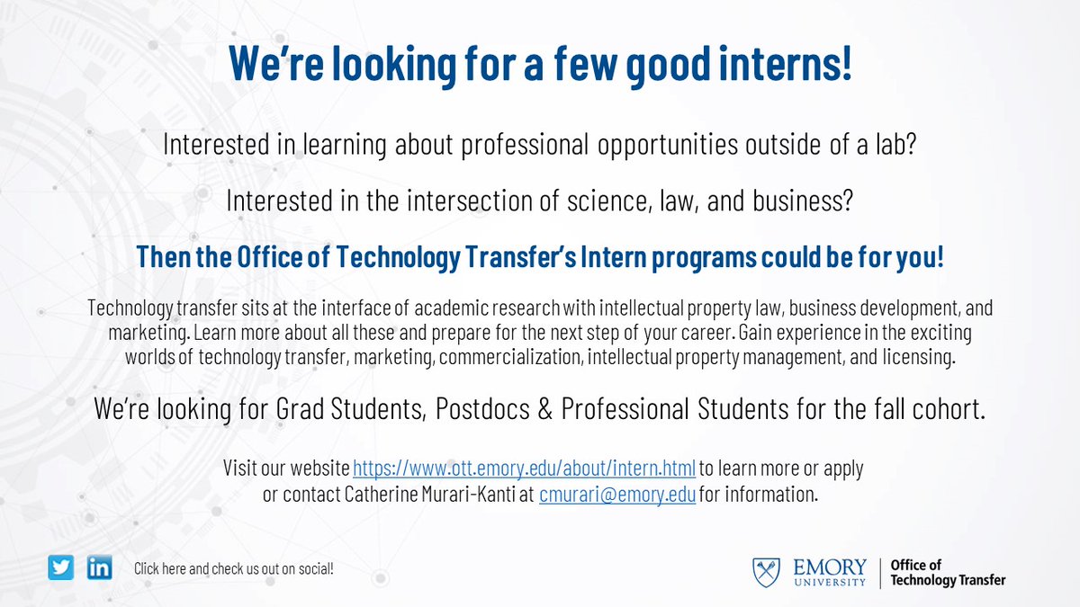 EmoryOTT's tweet photo. Are you a grad student, postdoc or professional student interested in the intersection of science, law, and business at @EmoryUniversity? OTT's #intern program could be for you! Learn more about our program and how to apply here: https://t.co/LnV04gPvBy
#techtransfer https://t.co/oSNjv7xrfj