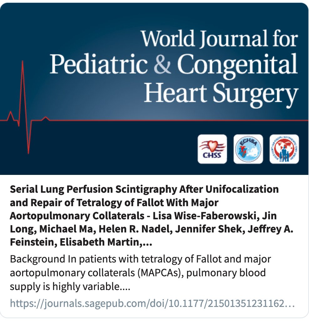 ebender001's tweet photo. A recent @the_sagejournal study looked at serial lung perfusion scintigraphy after #unifocalization and repair of #TetralogyofFallot with major aortopulmonary collaterals. Authors inc. @StanfordChild @StanfordCTSurg Doff McElhinney, et al.
… https://t.co/nXSyWfpgWa