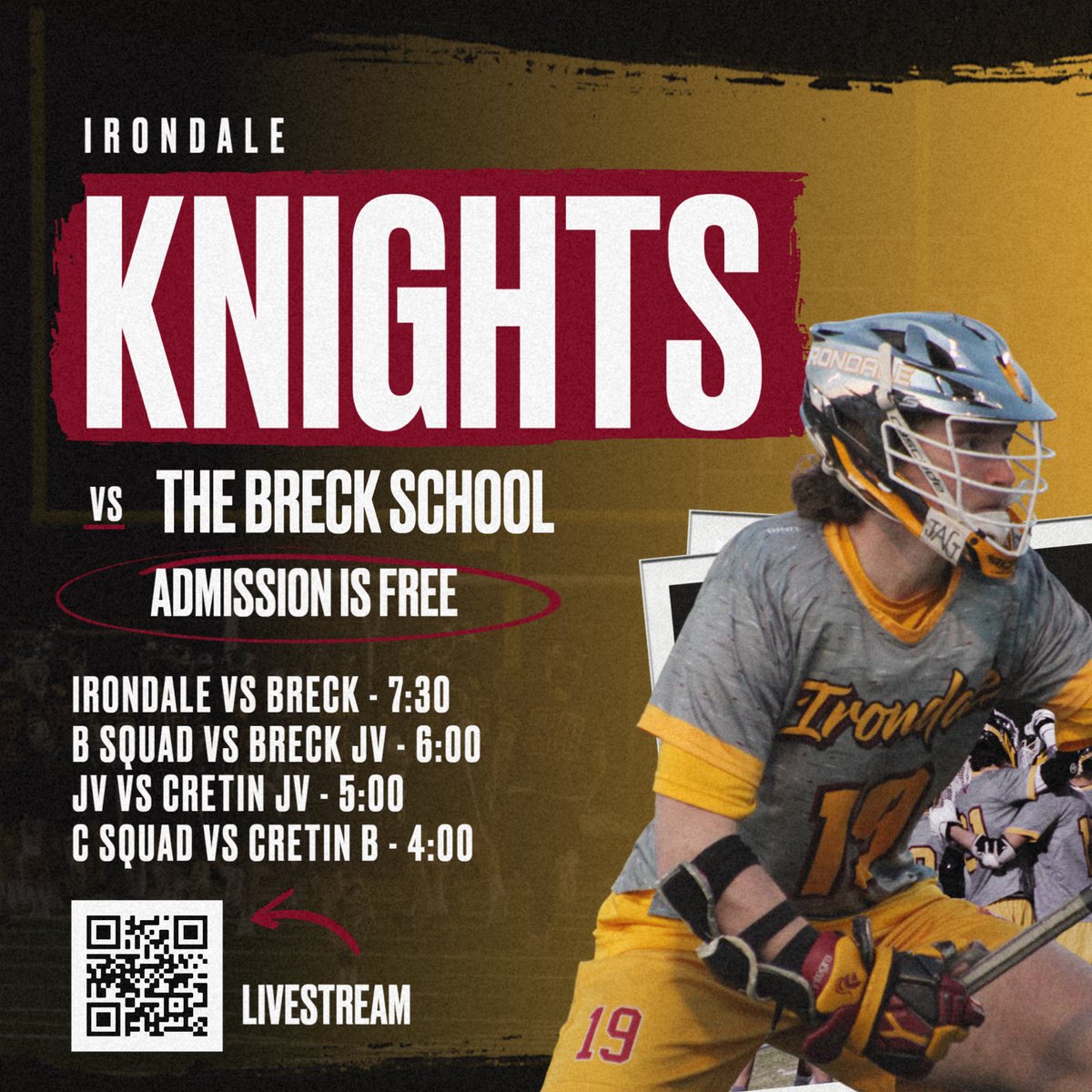 Season Opener for The Irondale Knights as they take on The Breck School in a night full of lacrosse action. 

Irondale v Breck - 7:30
Irondale B v Breck JV - 6:00
Irondale JV v CDH JV - 5:00
Irondale C v CDH B - 4:00