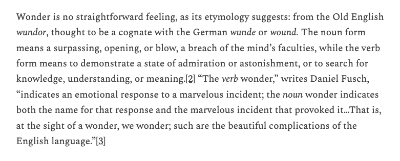 MayaCPopa's tweet photo. WONDER: a thread

Wonder is an increasingly discussed topic (to my delight!). I thought I'd take a moment to reassert my own research approach &amp; my understanding of wonder.

Here are three excerpts from Wonder Wednesday, (my free weekly newsletter!).

First, on its etymology: https://t.co/PlLxyVht1W