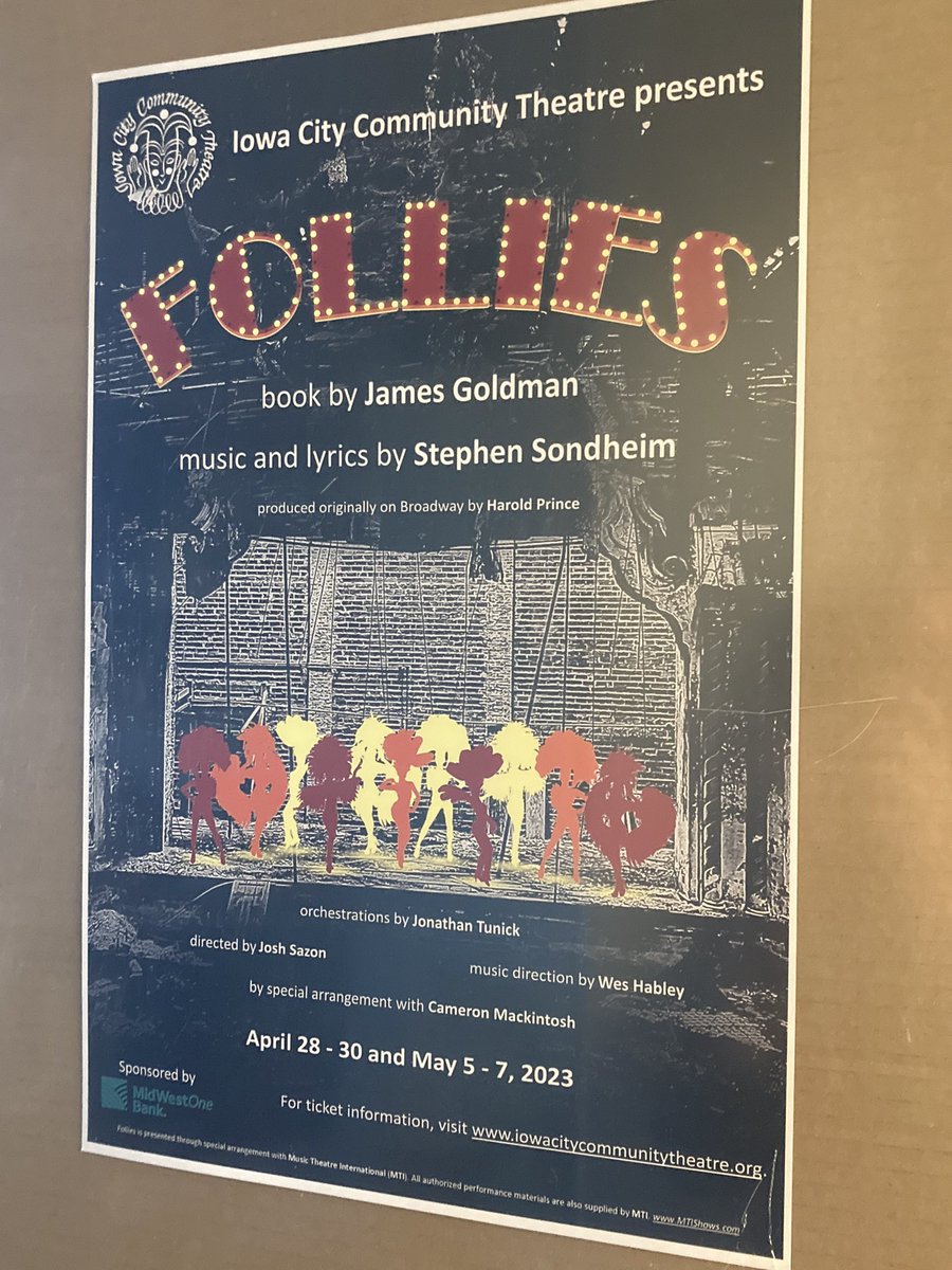 IHC_guy's tweet photo. I couldn’t be any prouder of mi compañera, @SingleyRachel, who will be dancin’ and singin’ her little heart out in the upcoming Iowa City Community Theater production of Stephen Sondheim’s Follies!!!

Tickets available here: 
https://t.co/cwGCQaALga https://t.co/qstpB37w38