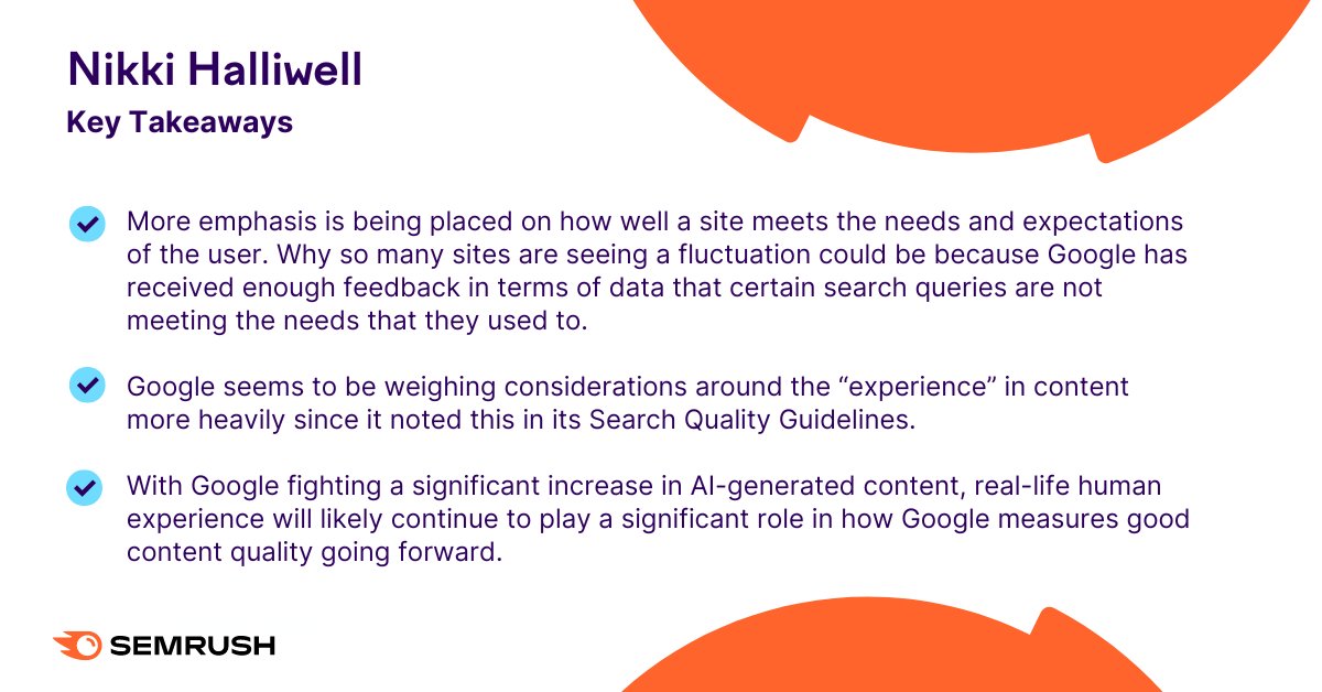 semrush's tweet photo. Here are some of Nikki's takes on Google's March 2023 update ๐ @NikkiRHalliwell #SemrushTwitterSpace https://t.co/s2gqYTRmI0