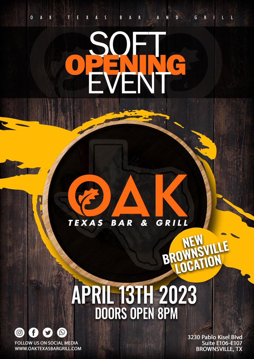 🚨THE WAIT IS FINALLY OVER 🚨
SOFT OPENING WEEK, NEW LOCATION 🚨
BROWNSVILLE, say 𝓱𝓸𝔀𝓭𝔂 to our newest location opening TODAY at 8pm! 🤠👋
We’re thrilled to bring you the same great food, drinks, atmosphere - with Texas pride! 
Brunch starts this WEEKEND! See y’all at Oak!