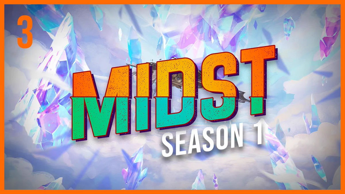 The Midst logo explodes over a sea of crystalline shards, each reflecting a rainbow of hues in this thumbnail for Midst Season 1 Episode 3 