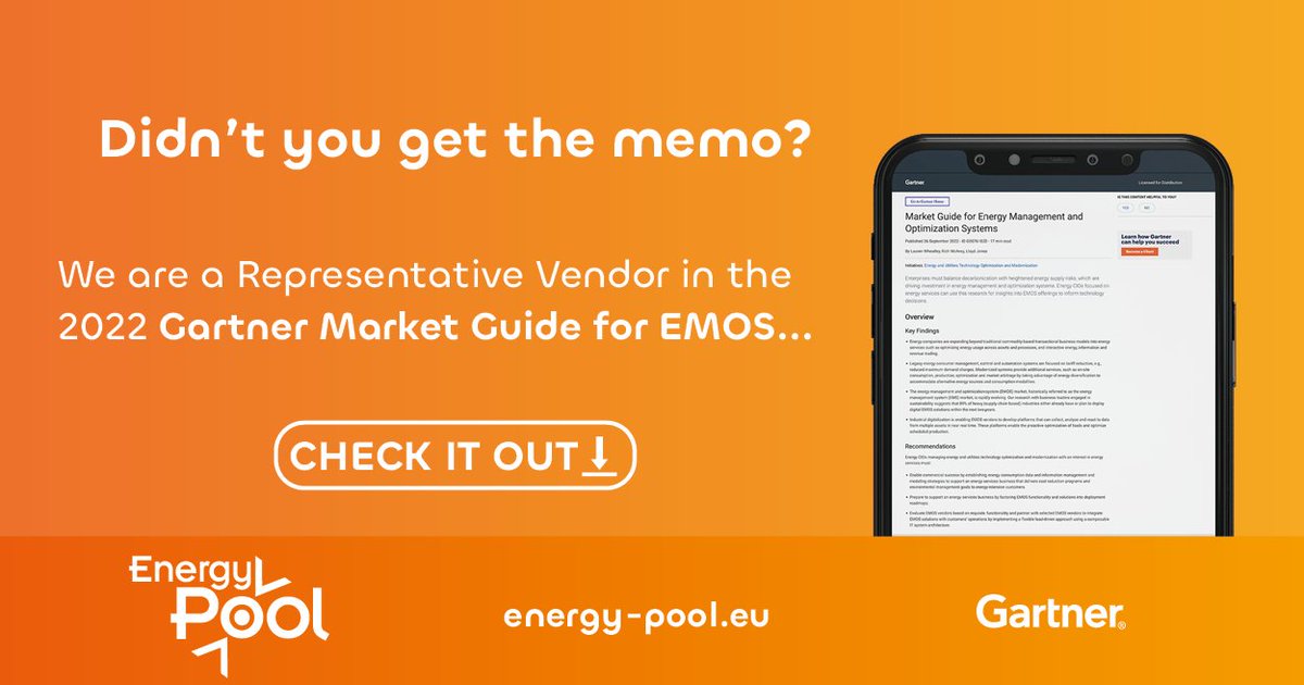 We are proud to announce that Energy Pool ⚡ has been named a #RepresentativeVendor  in the 2023 Gartner Market Guide for Energy Management and Optimization Systems (EMOS) report. 
 
To read the complementary report: energy-pool.eu/en/2022-gartne…