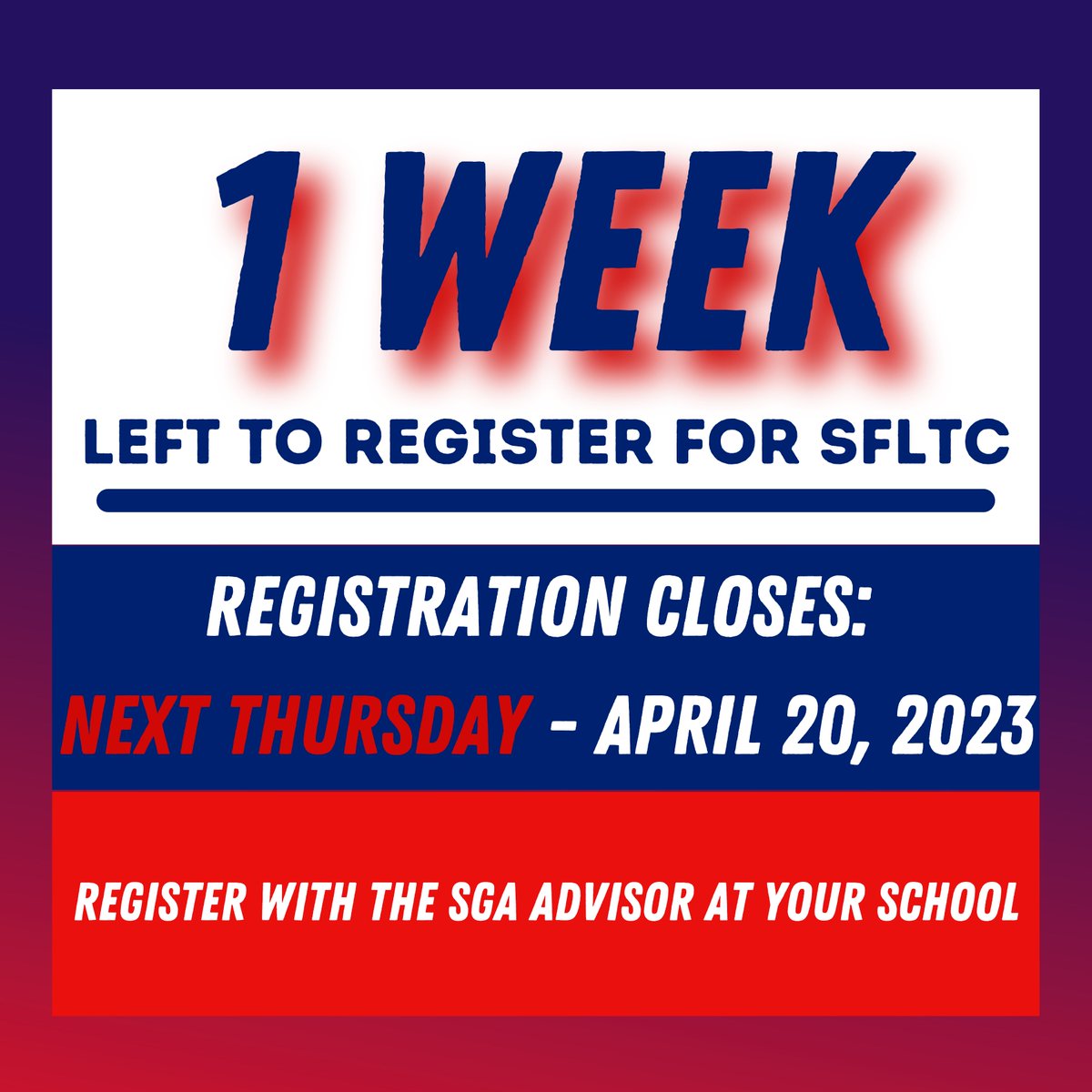 therealsfltc's tweet photo. There is only 1 week left to register for SFLTC 2023! Don't miss your chance to participate in camp this year. Register with the SGA advisor at your school! https://t.co/7vLFhRkSsT