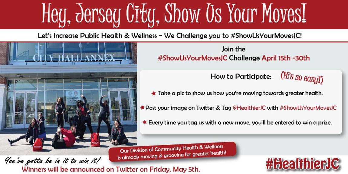 We love this beautiful weather at #HealthierJC! It’s a great time to commit to movement &amp; it’s always a good time to commit to greater health. We invite you to #ShowUsYourMovesJC From 4/15 - 4/30, tag <a href="/HealthierJC/">Healthier JC</a> on Twitter &amp; you'll be entered into our prize drawing <a href="/JerseyCity/">City of Jersey City</a>