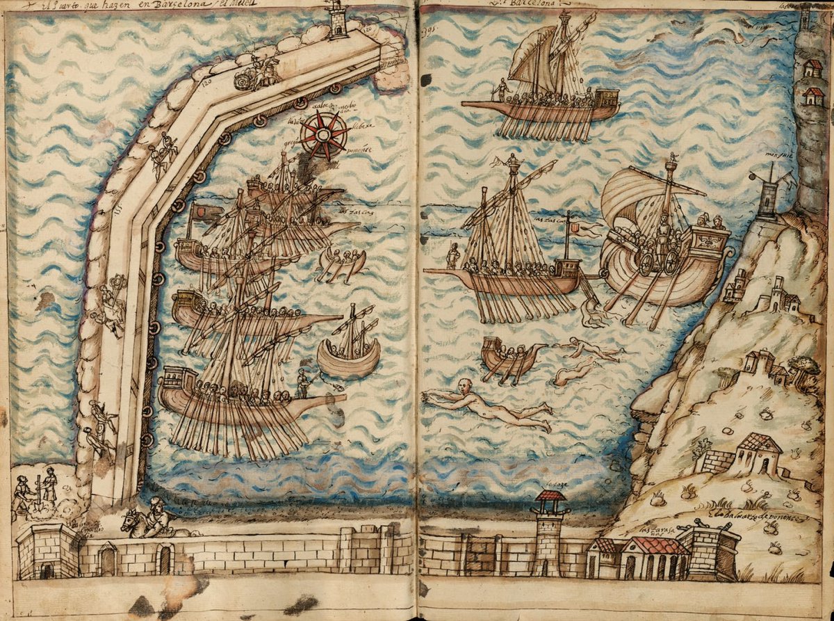 efemarq's tweet photo. Aparentment mai ningú l'ha esmentada a Twitter, així que és un plaer presentar a Rafaela Puig, pintora catalana del segle XVI-XVII que vers el 1616 dibuixà aquesta vista del Port de Barcelona, la vista més antiga coneguda del primer (i desaparegut) moll del segle XV. Fil ❤️ https://t.co/PAdyEPVqDQ