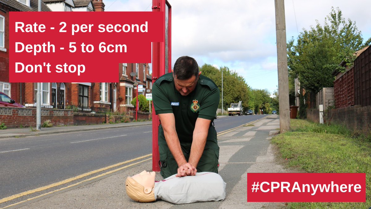 YorksAmbulance's tweet photo. A cardiac arrest can happen anywhere. If you witness one, you must call 999 and start CPR straight away, remember:

Rate - 2 compressions per second
Depth - push 5 to 6cm down on the chest
Don't stop - until help arrives or the patient regains consciousness

Know #CPRAnywhere. https://t.co/JR9QO23eU3