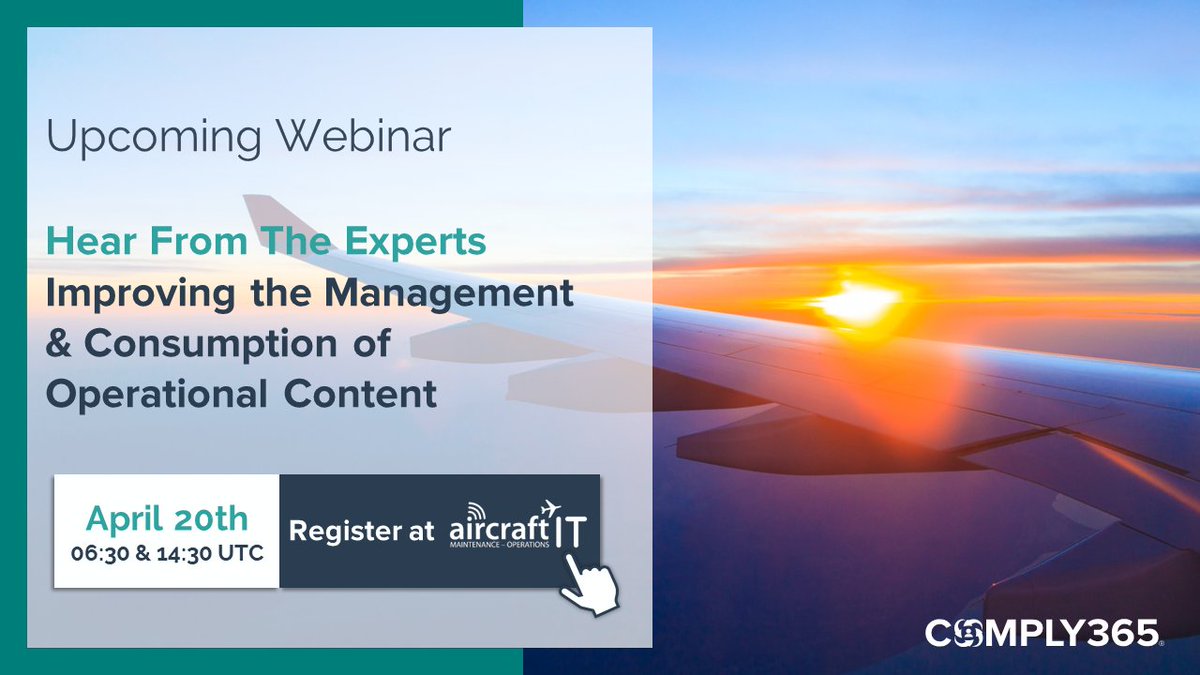 Join <a href="/AircraftIT/">AircraftIT</a> &amp; our experts for a #webinar on challenges in aviation’s operational content management - and how to solve them. See in a demo how #ProAuthor &amp; the Comply365 mobile app make life easier for tech pubs experts &amp; flight crews!

Register now: hubs.li/Q01Lmyrb0