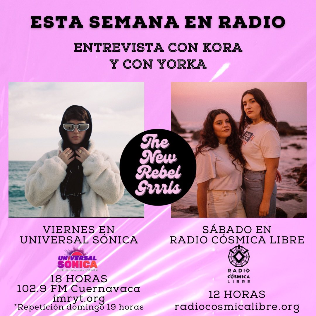 radio_cosmica's tweet photo. Este sábado suena #TheNewRebelGrrrls con @mizzandrew y habrá entrevista con el grupo chileno @yorkamusica y también con la cantante y productora española #Kora. 
12 pm por https://t.co/ZQNeydfBdG https://t.co/SBeueh5WX8