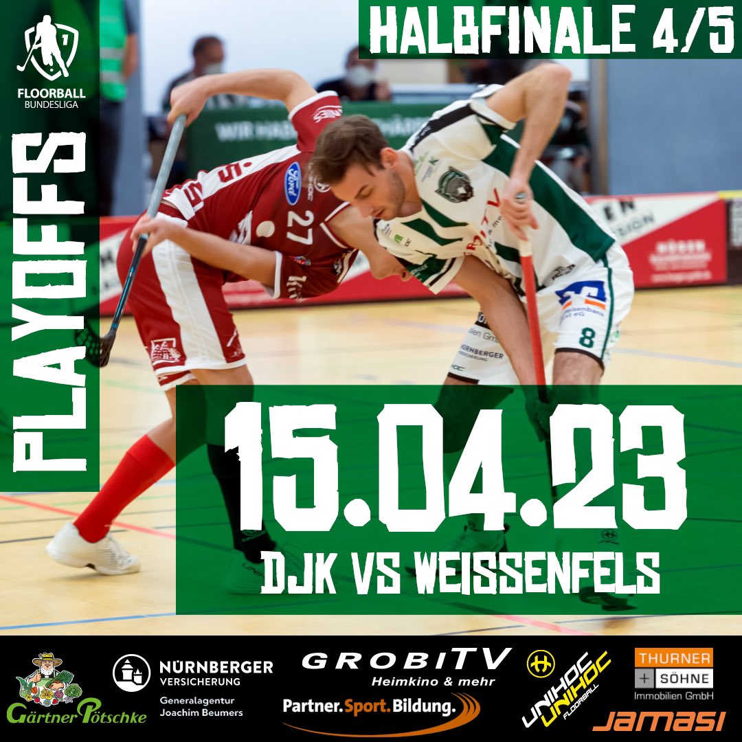 Showdown in der Stadtparkhalle Kaarst. Die Halbfinalserie geht in die heiße Phase.
Samstag, 15.04. um 18:30 Uhr ab in die SPH Kaarst zu Spiel 4/5 gegen den UHC Weißenfels.
Bei einem Sieg der DJK folgt das Entscheidungsspiel am Sonntag um 13:00 Uhr ebenfalls in der SPH Kaarst.