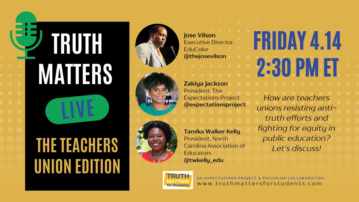expectproject's tweet photo. Join us on IG tomorrow for TRUTH MATTERS LIVE: THE TEACHERS' UNION EDITION. How are teachers resisting anti-truth efforts and fighting for equity in public ed?

Discuss with:
- Zakiya Jackson (@ZakiyaNaemaJack)
- José Vilson (@TheJoseVilson)
- Tamika Walker Kelly (@twkelly_edu) https://t.co/ohBLbLFlyT