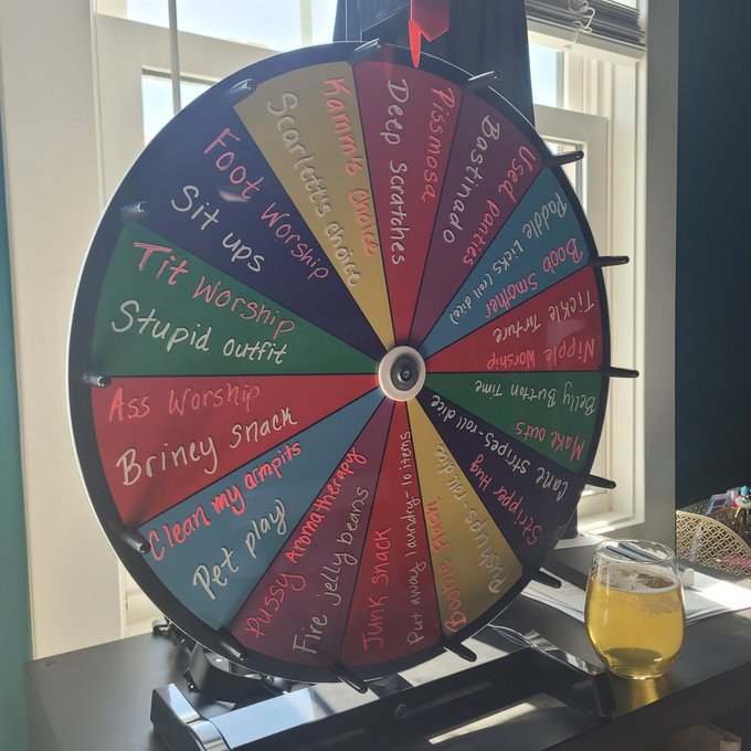 My generous Goddess @ScarlettLush put together a reward/punishment wheel together for me. For being a<a class="tags" href="/tag/scarlettlush">@scarlettlush</a><a href="/tag/dominantsubmissive"class="tags"><span>#dominantsubmissive</span></a><a href="/tag/pissmosa"class="tags"><span>#pissmosa</span></a>