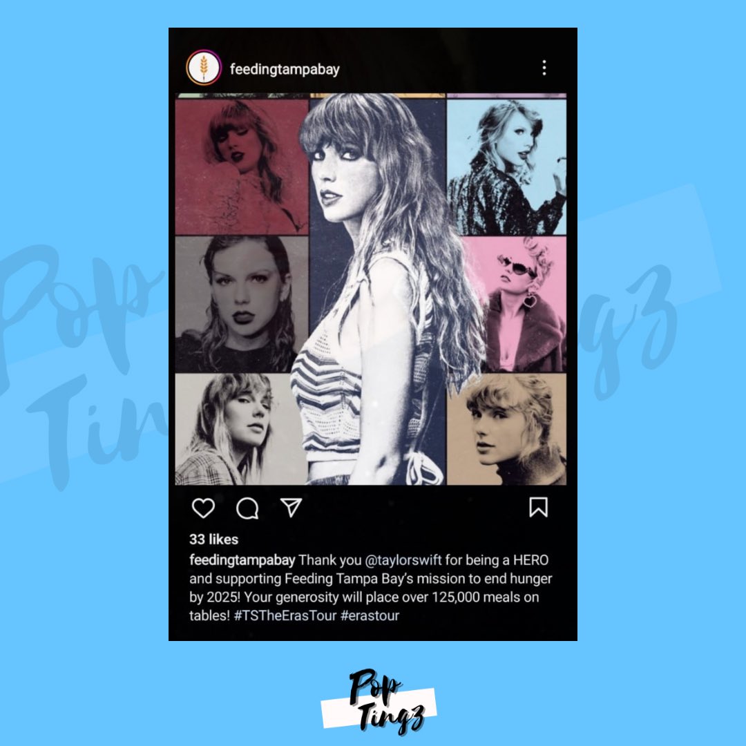 PopTingz's tweet photo. Taylor Swift made a large donation to the food bank “Feeding Tampa Bay” which, according to the project, will result in about 125,000 meals. https://t.co/MaCUQqwsOs