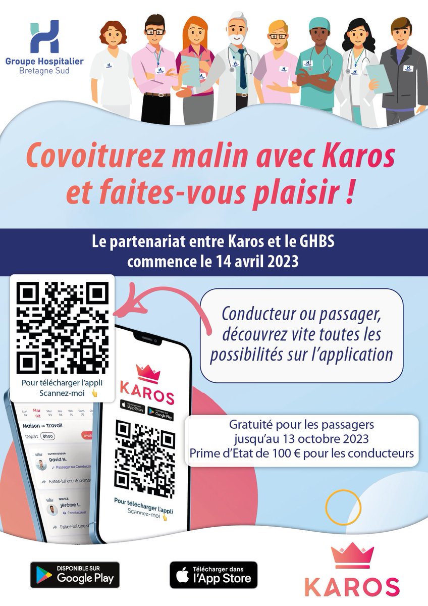 🟢 ɴᴏᴜᴠᴇᴀᴜ ꜱᴇʀᴠɪᴄᴇ ᴅᴇ ᴍᴏʙɪʟɪᴛÉ ! 🚗

Le <a href="/GHBretagneSud/">Groupe Hospitalier Bretagne Sud</a> a choisi 📱 l'appli Karos pour favoriser le #covoiturage domicile - travail pour les professionnels du Groupe. 🚗

karos.fr
#trajet #développementdurable #mobilité