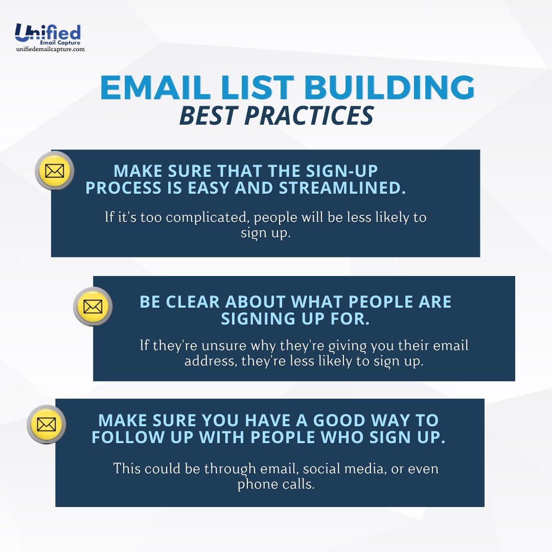 When you have an email list, you’ll have a direct way to communicate with your audience & a great way to keep them engaged & informed about your business.

So don’t miss out & follow these best practices.

Also, check out unifiedemailcapture.com!

#emaillistbuilding