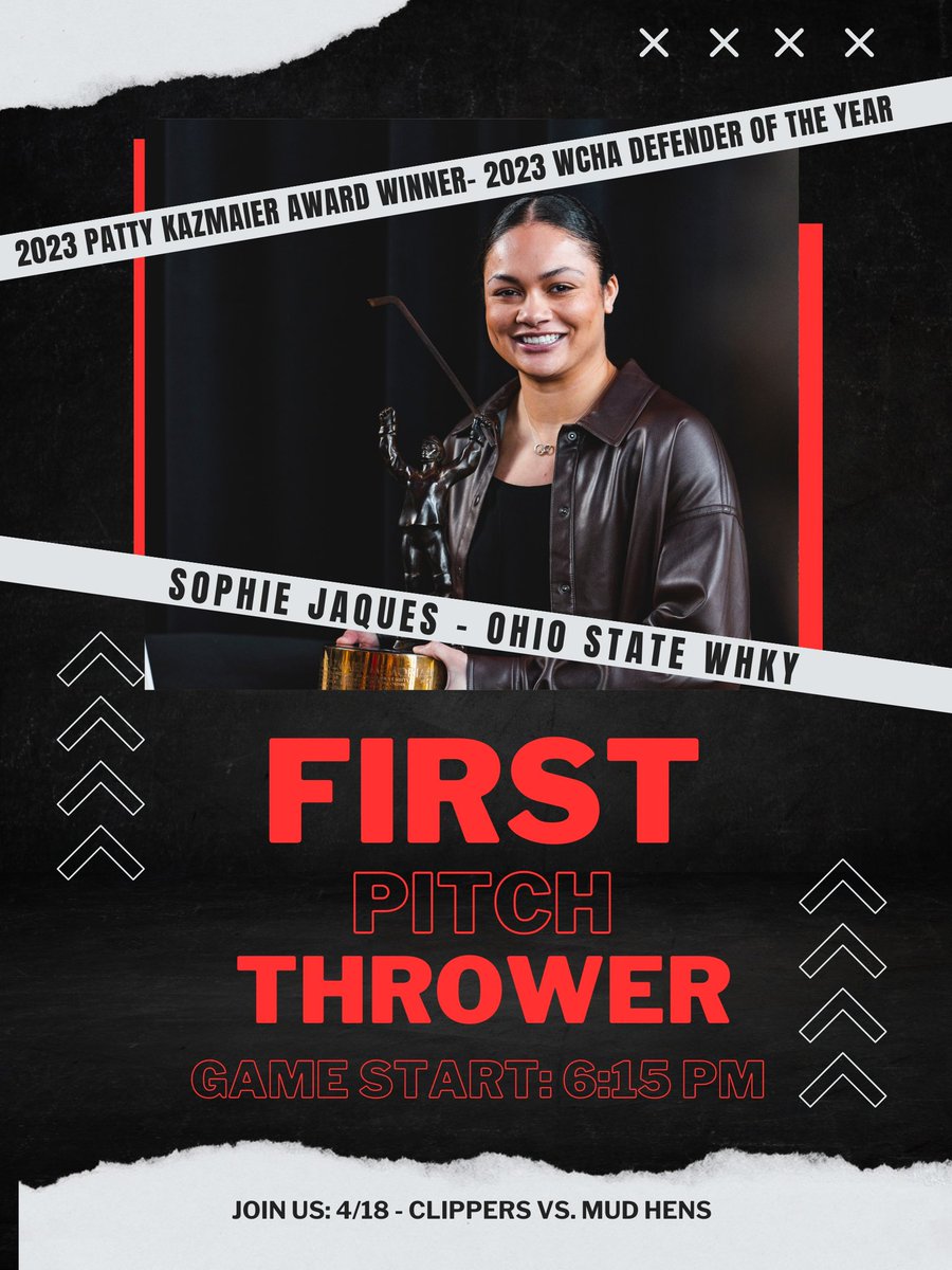 OSUSportMgmt's tweet photo. We are so excited to announce Sophie Jaques will be throwing the first pitch at the Clippers game before our silent auction on April 18th! Sophie was named the Patty Kazmaier Award winner this year, signifying the best player in NCAA women’s hockey. Come support! ⚾️❤️😇 https://t.co/pxHFX6RD17