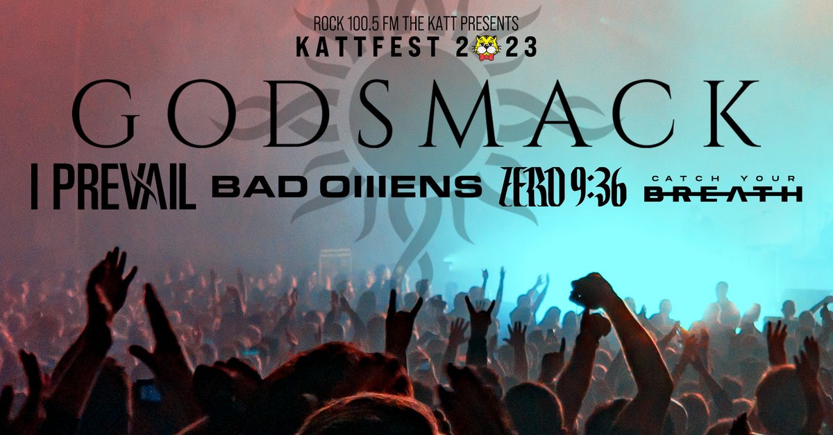 Rock 100.5 The KATT (@thekatt) on Twitter photo Less than ONE MONTH away from #KATTFEST!
<a href="/godsmack/">Godsmack</a> with guests <a href="/IPrevailBand/">I Prevail</a>, <a href="/badomenscult/">BAD OMENS</a>. <a href="/Zero936/">Zero 9:36</a> & <a href="/CYB_TX/">Catch Your Breath</a> light up the <a href="/ZooAmpOKC/">The Zoo Amphitheatre</a> on Friday, 5/2! Be sure you get your tickets: KATT.com/KATTFEST
Sponsored by: <a href="/TwinPeaksLodge/">TwinPeaksRestaurant</a> & <a href="/DZComics/">DZComics And Games</a> Less than ONE MONTH away from #KATTFEST!
<a href="/godsmack/">Godsmack</a> with guests <a href="/IPrevailBand/">I Prevail</a>, <a href="/badomenscult/">BAD OMENS</a>. <a href="/Zero936/">Zero 9:36</a> & <a href="/CYB_TX/">Catch Your Breath</a> light up the <a href="/ZooAmpOKC/">The Zoo Amphitheatre</a> on Friday, 5/2! Be sure you get your tickets: KATT.com/KATTFEST
Sponsored by: <a href="/TwinPeaksLodge/">TwinPeaksRestaurant</a> & <a href="/DZComics/">DZComics And Games</a>