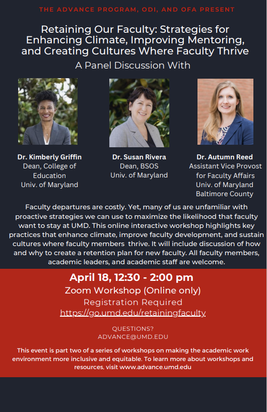 EcuThrive's tweet photo. You don't want to miss out on this great online workshop hosted by the University of Maryland Advance program on key strategies to improve retention! The zoom workshop is April 18th from 12:30 - 2:00 pm. More information in the flyer below! Registration: https://t.co/PGXGqirwVt https://t.co/iTShpaejvg