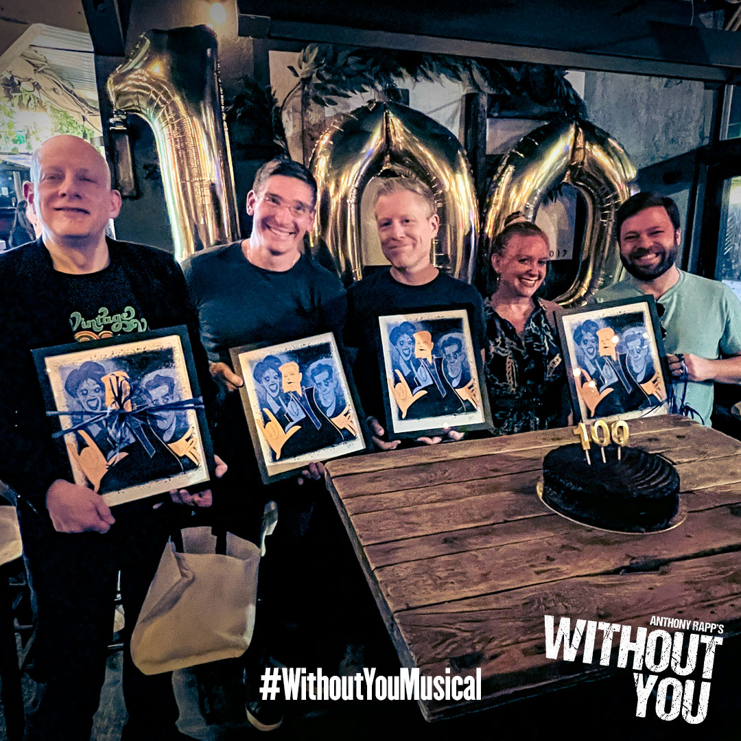 withoutyoushow's tweet photo. Last night, we were thrilled to celebrate our 100th performance of Without You a night early with an event at Hold Fast, where we presented members of our team with original Justin "Squigs" Robertson works inspired by the show alongside a delicious cake from @mahzedahrbakery! https://t.co/mFXGaY6lkp
