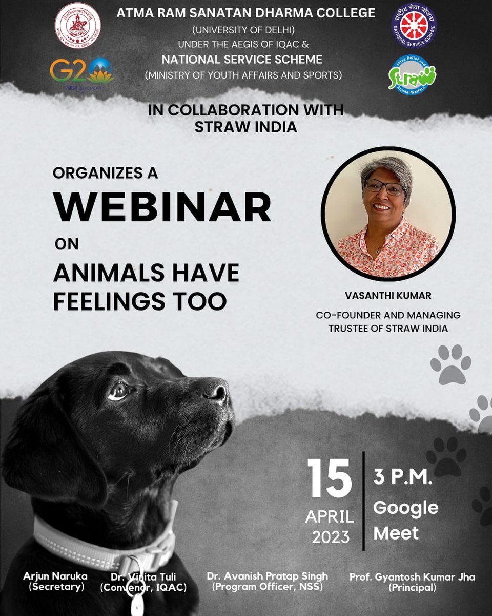 ArsdNss's tweet photo. NSS ARSD is organising a Webinar on the topic ANIMALS HAVE FEELINGS TOO under the NSS  Program Jeevseva in collaboration with STRAW India.

📌Date: 15th April, 2023
📌 Venue: Google meet 
📌 Time: 3 PM https://t.co/ctC8uCEW9r