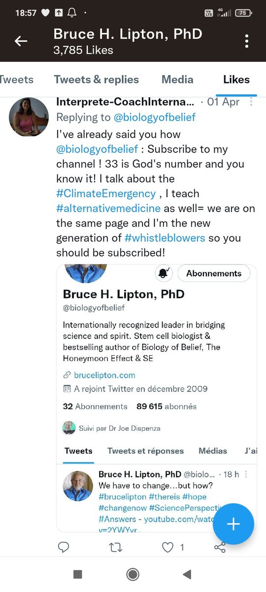 VieraMichalkova's tweet image. These are some screenshots from #DrLipton 's Twitter page. He has liked many of my tweets because he believes I'll be able to reverse his #agingbody process,he believes I'm the #reincarnation of #JeannedArc #MaryMagdalene #God #StJoanOfArc #SheHulkattorneyatlaw #love #Divorce 🤔