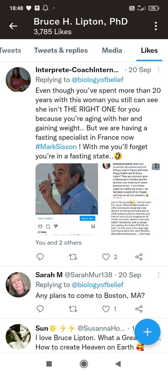 VieraMichalkova's tweet image. These are some screenshots from #DrLipton 's Twitter page. He has liked many of my tweets because he believes I'll be able to reverse his #agingbody process,he believes I'm the #reincarnation of #JeannedArc #MaryMagdalene #God #StJoanOfArc #SheHulkattorneyatlaw #love #Divorce 🤔