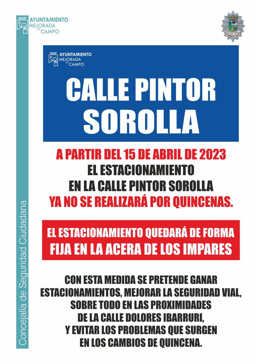 Se informa de que, desde este sábado 15 de abril, el estacionamiento en las calles Pintor Ribera y Pintor Sorolla no se realizará por quincenas. 
El estacionamiento en la calle Pintor Ribera se realizará en los números pares, en la calle Pintor Sorolla se hará en los impares.