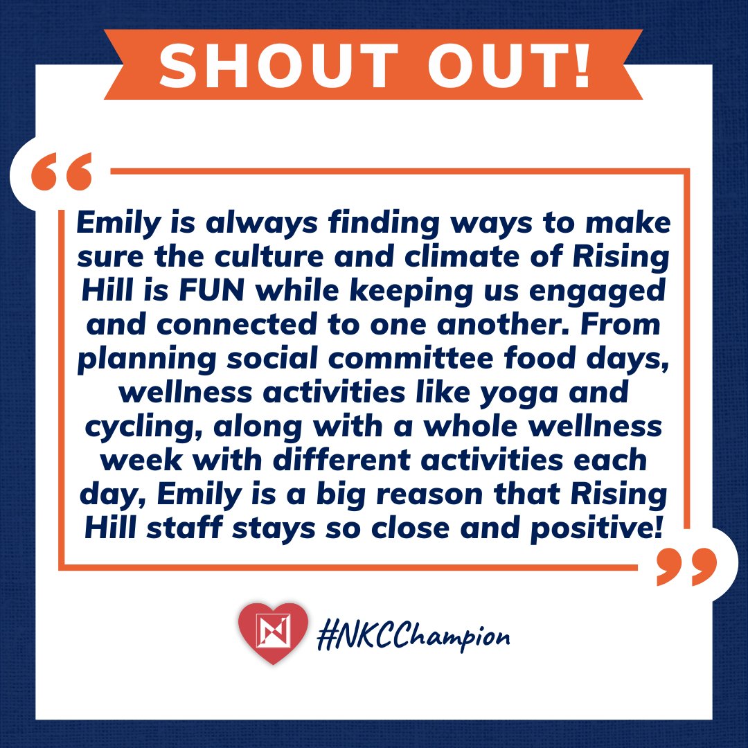NKCSchools's tweet photo. SHOUT OUT to Emily Kennedy, a teacher and Wellness Champion at @RisingHillElem! Emily uses her creativity &amp; leadership skills to organize fun events like yoga meetings &amp; special food days, keeping staff connected while having fun. We are grateful for you, Emily! #NKCChampion https://t.co/yXLEzzC9pg
