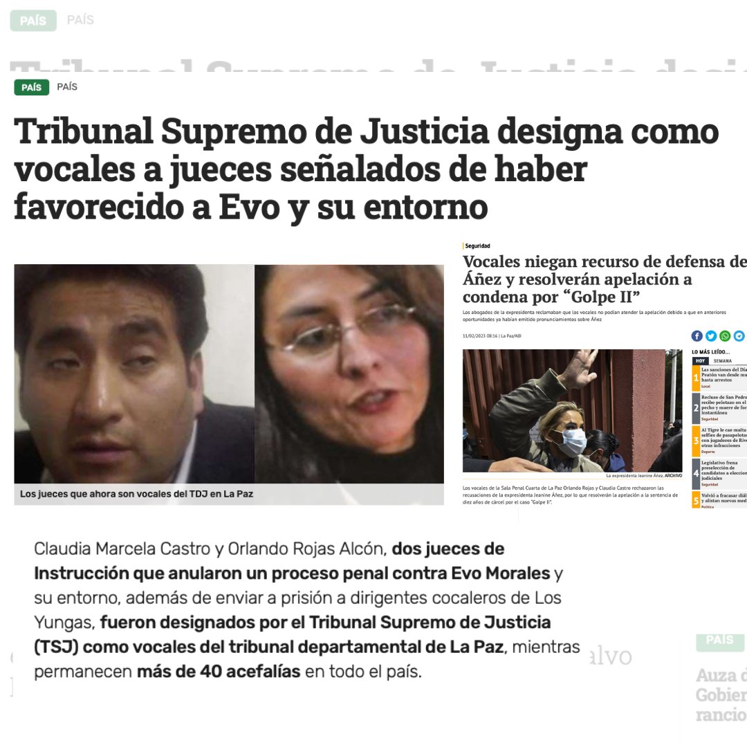 JeanineAnez's tweet photo. Marco Antonio Amaru, Claudia Castro, Orlando Rojas, Andrés Zabaleta…  Los jueces y vocales que protegieron al huído del fraude y que vulneran todos mis derechos, que han prevaricado por orden de @IvanLimaMagne y el régimen del MAS, son premiados como candidatos a magistrados. https://t.co/0CmcQ0FpVH