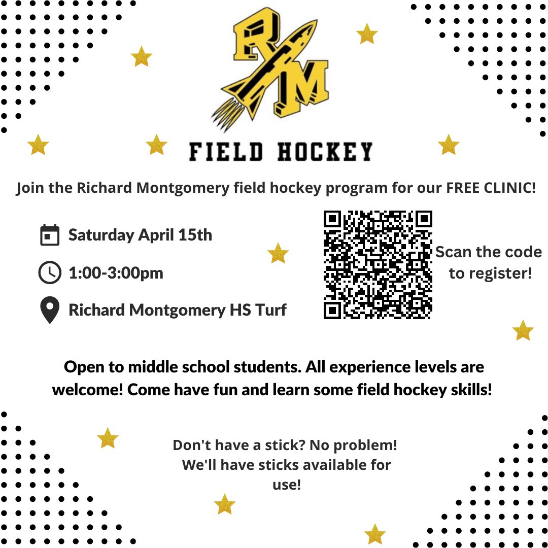 SATURDAY! Free Field Hockey clinic for middle school students sponsored by @rmfockey. 1-3 pm on the RM turf field. Register here: docs.google.com/forms/d/e/1FAI… @RMCheerleaders @RocketsSportsRM @DrJjwms @CraigStaton2