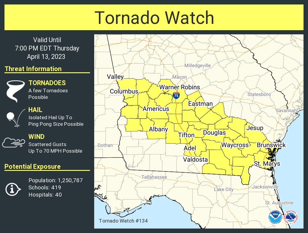 A tornado watch has been issued for parts of Georgia until 7 PM EDT