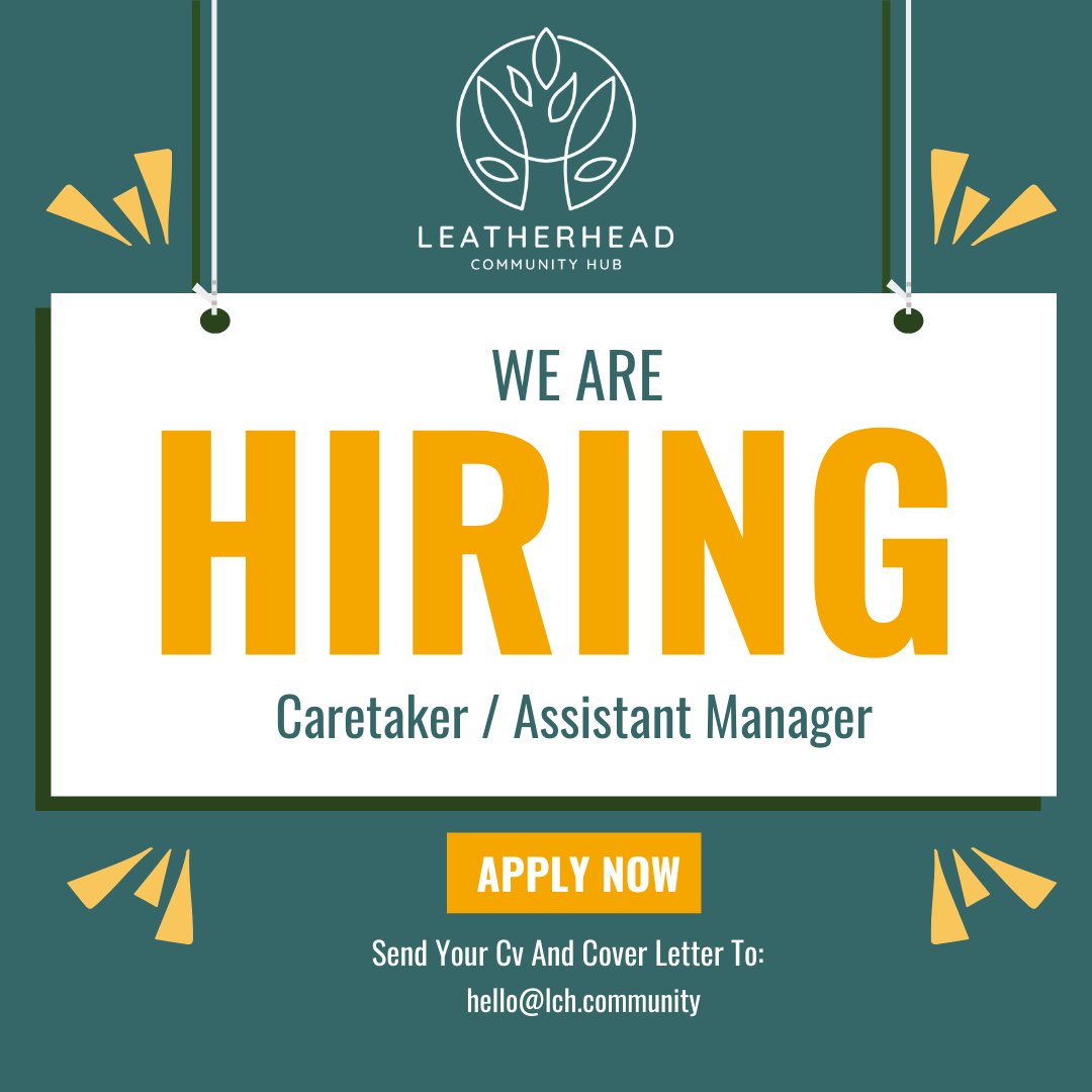 leatherheadhub's tweet photo. 📢 We are hiring! 📢

LCH is looking for a
Caretaker / Assistant Manager to help with the smooth
running of the building and facilities.
A full job description and information is available here: https://t.co/FUdnEbCehl 
#leatherhead #leatherheadjobs #SurreyJobs
#communityjobs https://t.co/hcM84dvjn1