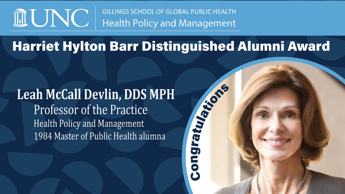 Congratulations to Dr. Leah Devlin, recipient of the 2023 Harriet Hylton Barr Distinguished Alumni Award from the Gillings School of Global Public Health at the University of North Carolina at Chapel Hill!
