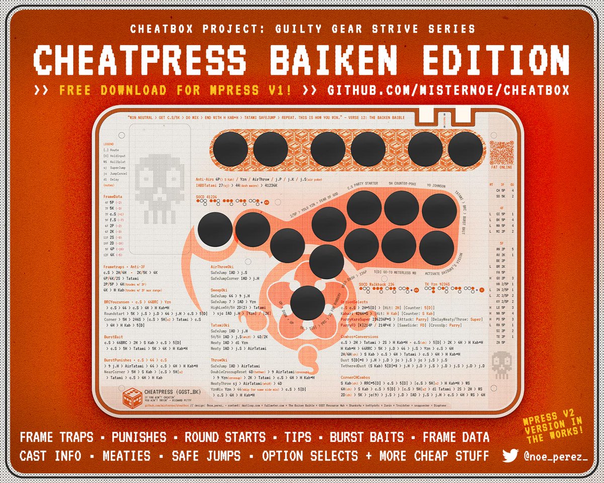 noe_perez_'s tweet photo. It's been a minute since we've shown the MPress some love. We're kicking off the first CheatPress GGST release with BAIKEN. Again, s/o to The GGST Resource Hub, The Baiken Baible, @Diaphone_ and @H2Fugitt for the tech! Link below! @ArcadeParts @fightstickart #GGST_BK https://t.co/CCe0WQXjek