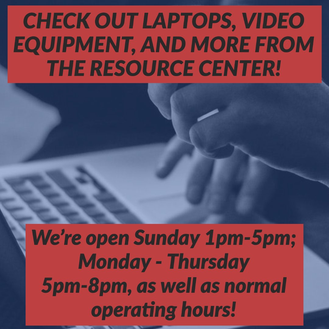The Resource Center is open outside of normal operating hours, from 1pm-5pm on Sundays, and 5pm-8pm on Monday-Thursdays! Stop by for assistance with Adobe programs, equipment checkouts, or tech issues!