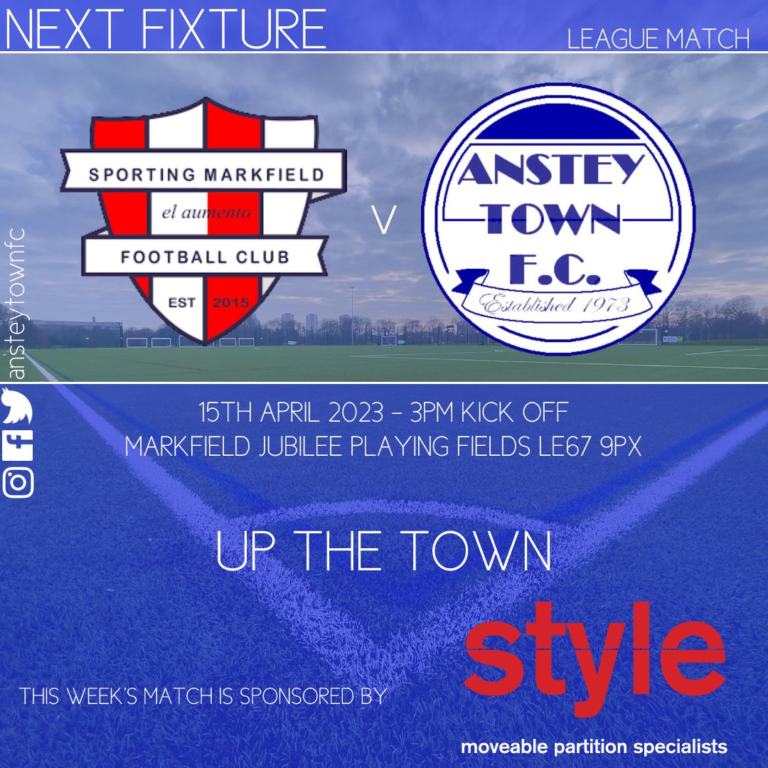 Hard fought effort from the lads last night against a tough side but no points for our efforts. FT <a href="/AFCNK/">AFC North Kilworth</a> 2 - 1 Town.

Onto Saturday's fixture and for approximately the 13th time this season we face <a href="/SM_FC2017/">SportingMarkfield FC</a>. Thanks to <a href="/StylePartitions/">Style Group</a> for sponsoring this week's game.