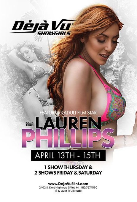 Heading to @FlintVu RN!   I'll be dancing  - tonight (1 Show) - Friday (2 Shows) -Saturday (2 Shows)  I<a class="tags" target="_blank" title="On Twitter" href="/?out=eyJ0eXAiOiJKV1QiLCJhbGciOiJIUzUxMiJ9.eyJpYXQiOjE3MjI0NzgwMjYsImlzcyI6InR3cG9ybnN0YXJzLmNvbSIsIm5iZiI6MTcyMjQ3ODAyNiwiZXhwIjoxNzU0MDE0MDI2LCJyZWRpcmVjdF91cmwiOiJodHRwczovL3R3aXR0ZXIuY29tL0ZsaW50VnUifQ.9Qg6EyvNuWzln_L4-1JXBd193xk59dm-aaNq0WfaXEamI0NxNR2tMIl4PioN6tpT5w_WKY3a5_2NtD_kCdIhkg">@FlintVu</a><a href="/tag/laurenphillips"class="tags"><span>#laurenphillips</span></a>