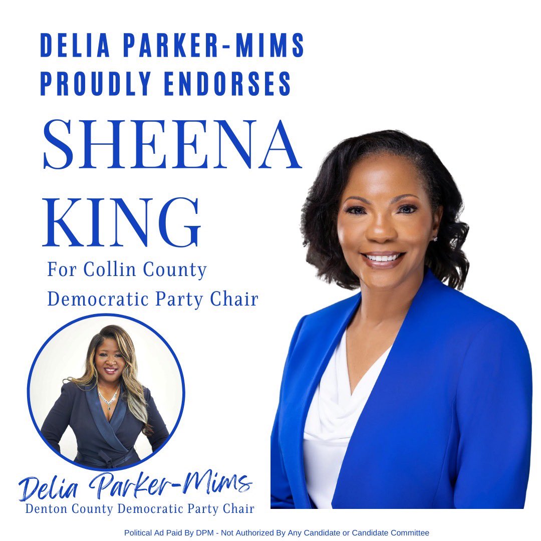 Sheena King for Texas (@skingfortexas) on Twitter photo So grateful for this endorsement from Denton County Democratic Party Chair, <a href="/delia_mims/">Delia Parker-Mims</a> who has created positive energy with tangible results. Looking forward to a unifying & strong North Texas partnership. ✊🏽
#SheenaKingForTexas #bethelight #useyourvoice #CollinCounty So grateful for this endorsement from Denton County Democratic Party Chair, <a href="/delia_mims/">Delia Parker-Mims</a> who has created positive energy with tangible results. Looking forward to a unifying & strong North Texas partnership. ✊🏽
#SheenaKingForTexas #bethelight #useyourvoice #CollinCounty