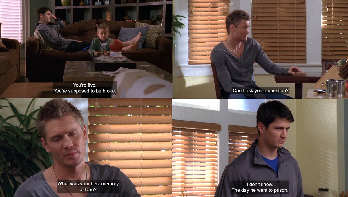 pacepeterlawyer's tweet photo. Favorite moments from 6x03-6x09
Jamie: I'm broke.
Nathan: You're 5. you're supposed to be broke. 😆❤
-
Lucas: What was your best memory of Dan?
Nathan: I don't know. The day he went to prison. 😆😆
#onetreehill #jamiescott #nathanscott https://t.co/bIdv93psYr