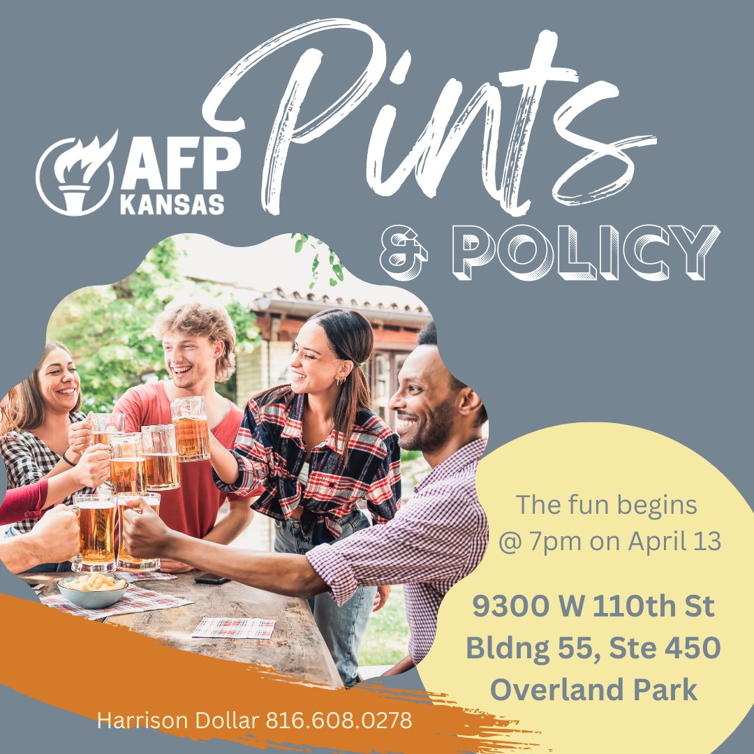 AFPKansas's tweet photo. Friendly reminder about our Pints & Policy TONIGHT in Overland Park. Grab your friends and come see what AFP is up to!
#kspolicy #grabapint #learningneverstops #kstaxes #ksed #legislativesupport #pintsandpolicy https://t.co/7TUM5hPECe