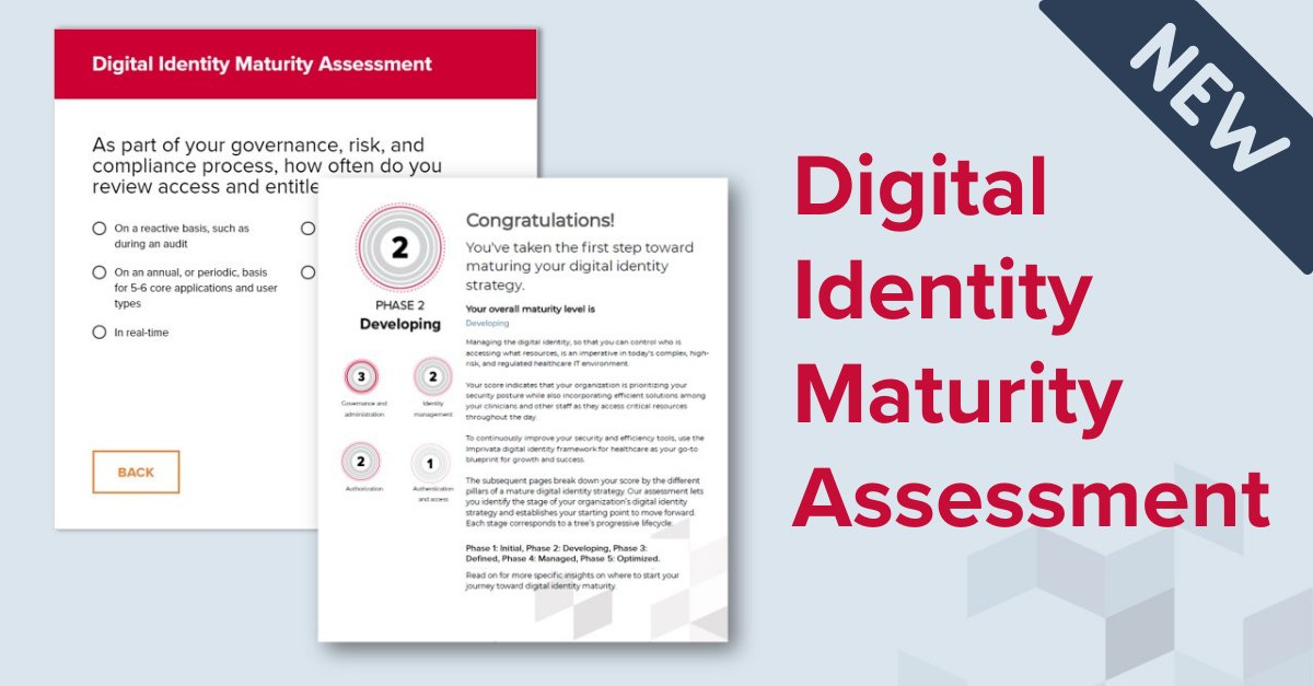 Imprivata's tweet photo. Our Digital Identity Maturity Assessment launched!

This interactive tool enables clinical leadership, IT, &amp; security teams to quickly assess their digital identity program based on current-state tools and processes.

Try it here! - https://t.co/icCmw8lJQH

#digitalidentity https://t.co/foydsxiOrx