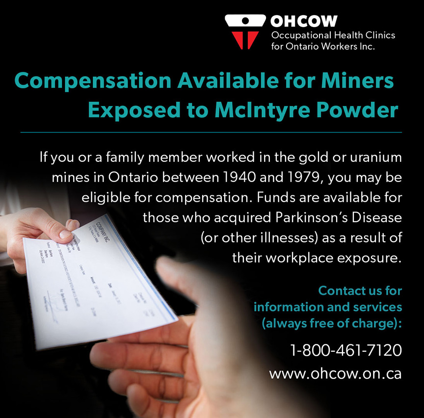 OHCOWclinics's tweet photo. After years of research and investigation, damage to miners' health from McIntyre  Powder has been acknowledged by the provincial government and  compensation is available for those affected. https://t.co/OSCjcodhlW  and McIntyre Powder page https://t.co/dwrT7CzwBo https://t.co/BAk8o3m2qj