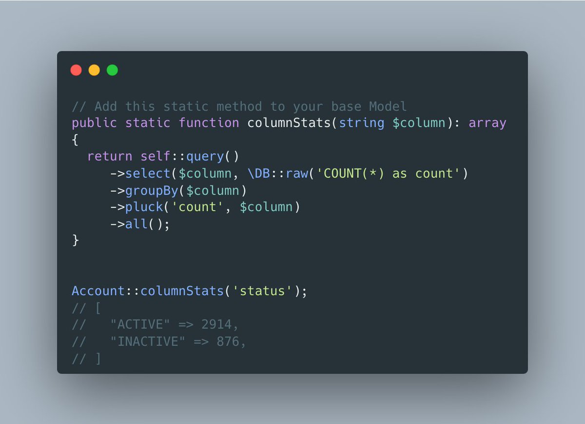 trevorgehman's tweet photo. In #Laravel I often need to get the number of distinct values of a column, along with a count. Here's a quick way to do that on any model: https://t.co/yfmD9zQWl9